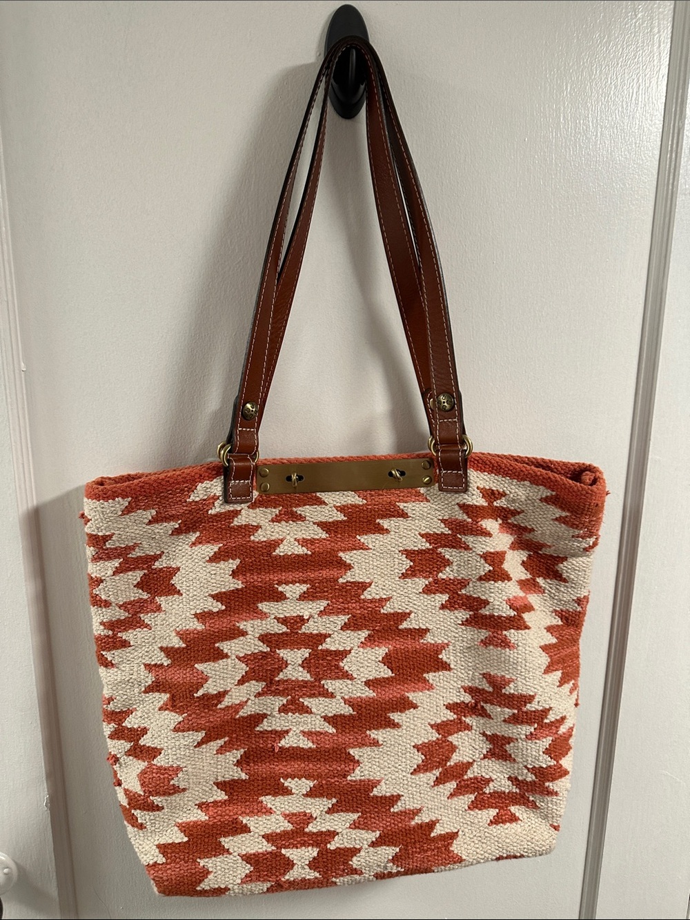 Patricia Nash Rust Coral Aztec-Patterned Tote with Brown Leather Straps